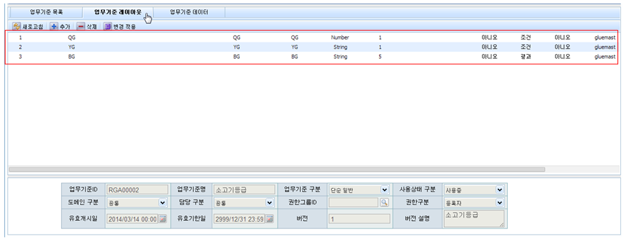 소고기 등급 - 업무기준 레이아웃 화면