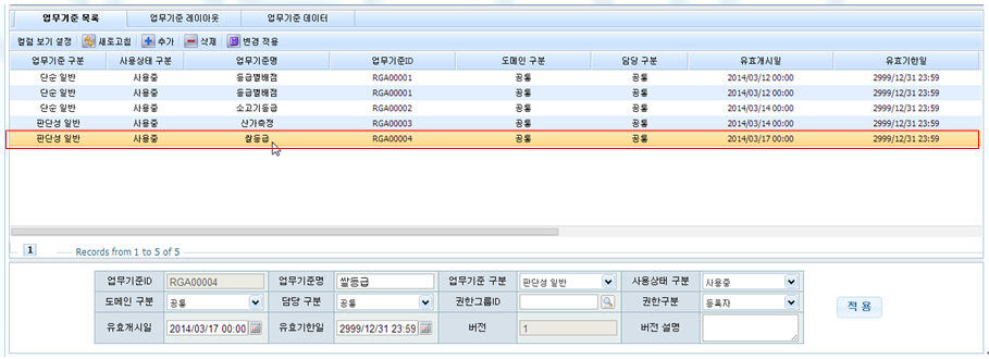 쌀 등급 - 업무기준 목록 화면