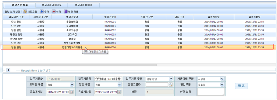 연령대별 SNS 이용률 - 업무기준 목록 화면