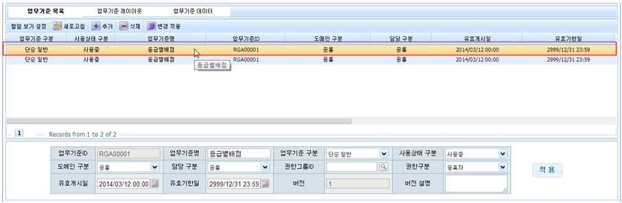 등급별 배점 - 업무기준 목록화면(version 1)