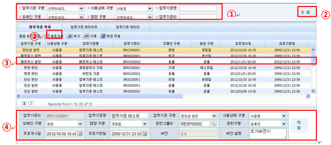 업무기준 조회 화면