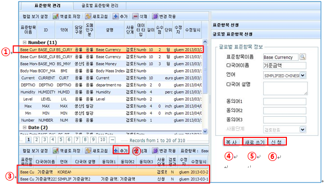 글로벌 표준항목 신청1 화면