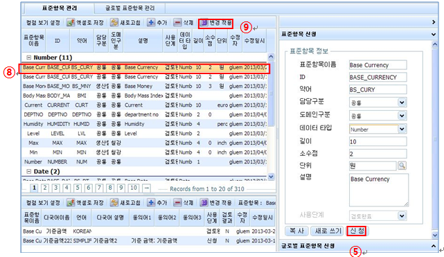 표준항목 신청 저장 화면